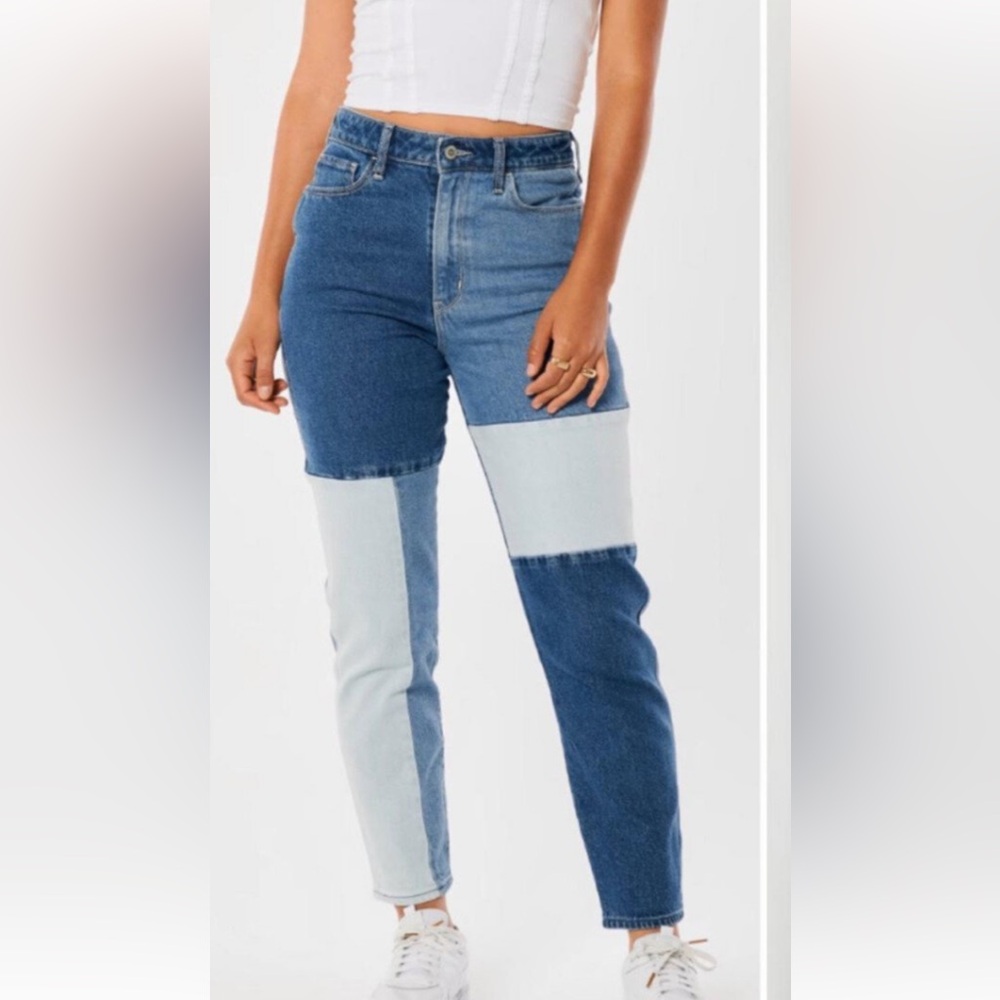 NWT Hollister Ulta High-Rise Mom Jean Patchwork Asymmetrical Print Size W 23 L27
